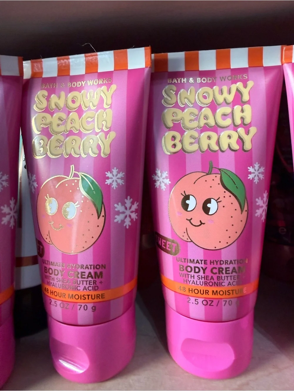 4 Bath & Body Works Snowy Peach Berry Body Cream - Hot Pink & Gold